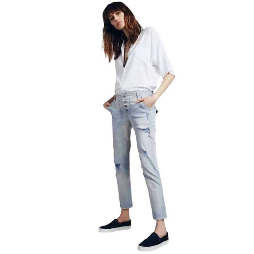 Free People Solid Blue Mountaineer Relaxed Fit Button Fly Distressed Denim Jeans - Picture 2 of 11